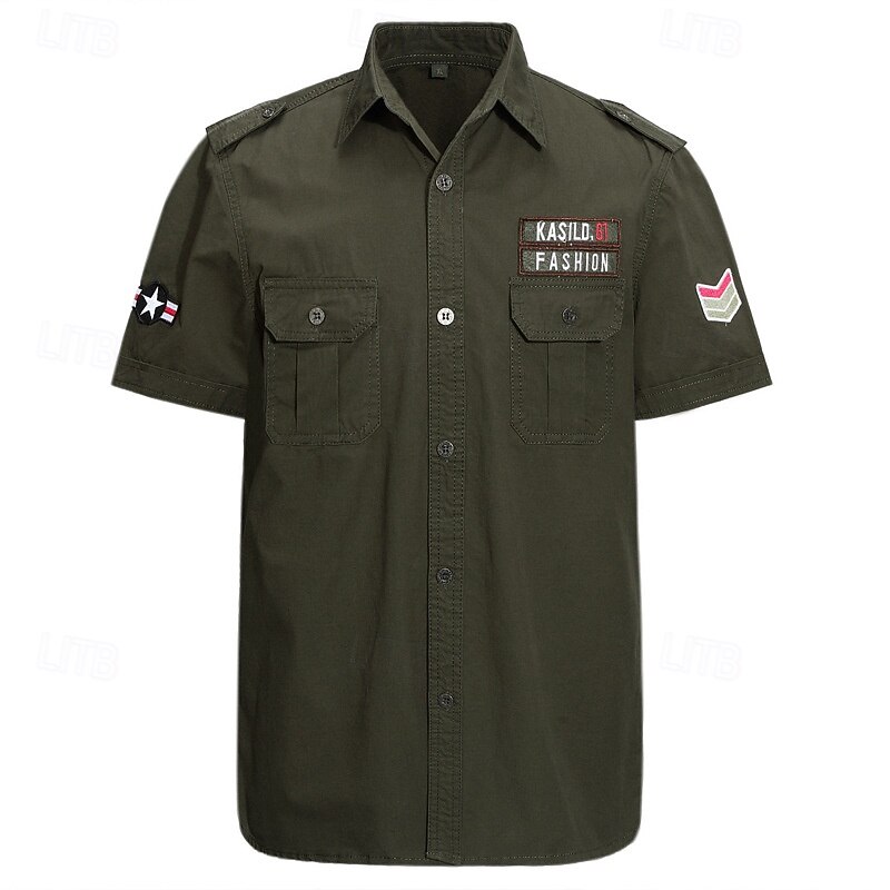 Men's Cargo Shirt Hiking Shirt Army Shirt Short Sleeve Turndown Top Outdoor Lightweight Breathable Cotton Black Army Green Khaki Hunting Fishing Climbing