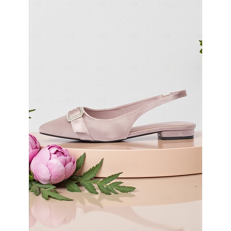 Women's Pink Satin Slingback Flats with Rhinestone Buckle, Elegant Pointed Toe Low Heel Shoes for Cocktail Parties & Evening Events3