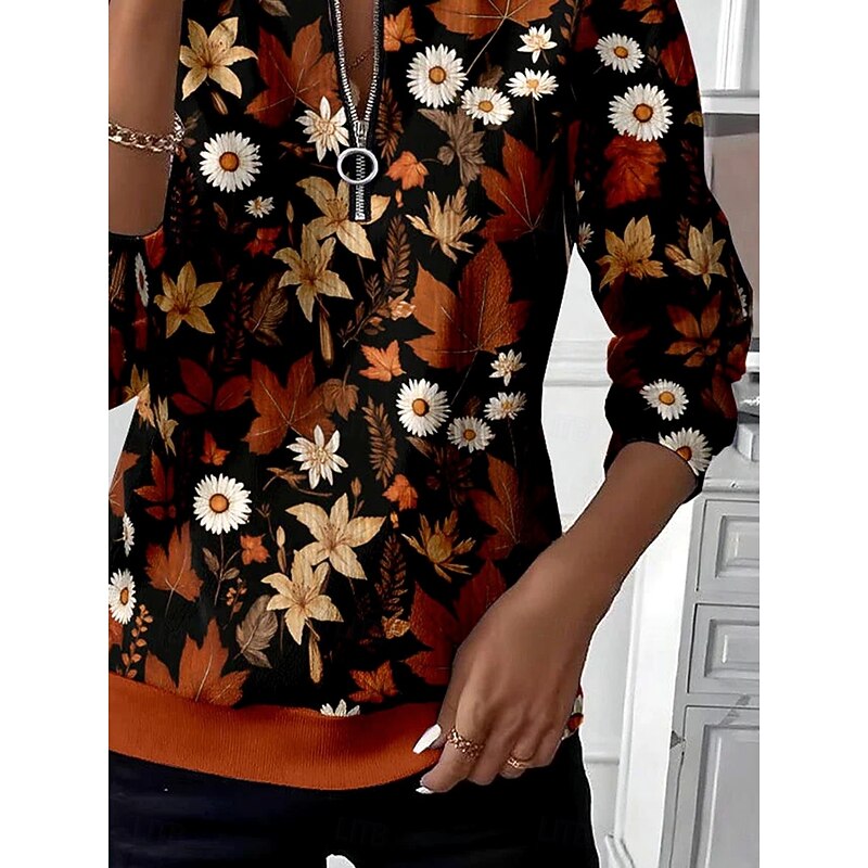 Women's Pullover Sweatshirt Zip Up Sweatshirts Floral Graphic Fashion Casual Long Sleeve Crew Neck Round Neck Regular Tops Street Dailywear Zipper Print Brown Fall Winter3