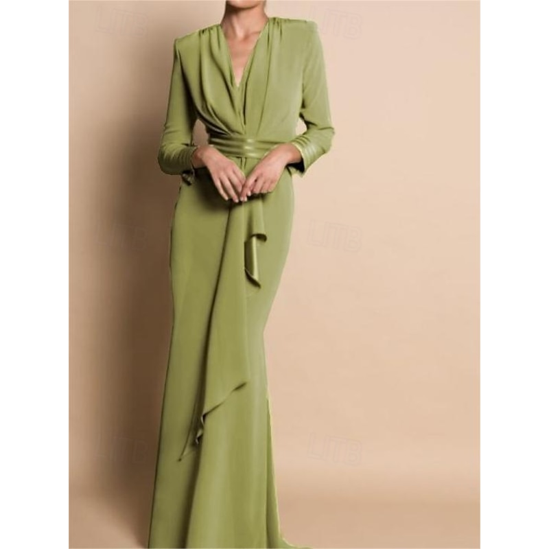 Beach Wedding Sheath Mother of the Bride Dress Formal Wedding Guest Elegant Party V Neck Sweep / Brush Train Stretch Chiffon Long Sleeve with Draping Ruching free custom size2
