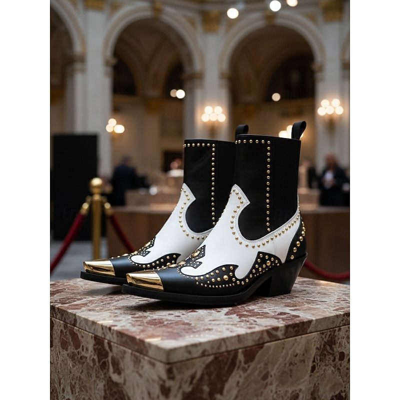 Women's Black Leather Western Ankle Boots with Gold Studs and Metal Toe - Cowboy Style Chunky Heel Boots for Fashion Streetwear and Parties
