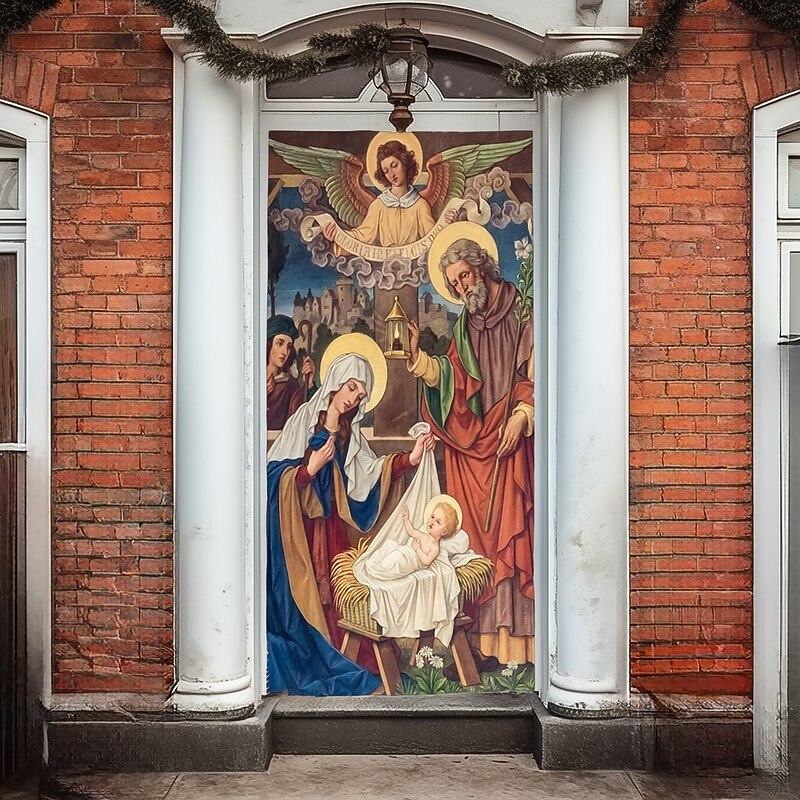 Christmas Door Cover Winter Holiday Decoration Drapes with Nativity Scene Featuring Virgin Mary Saint Joseph Baby Jesus and Angel Messenger Print for Home Entryway Living Room Bedroom Indoor Outdoor2