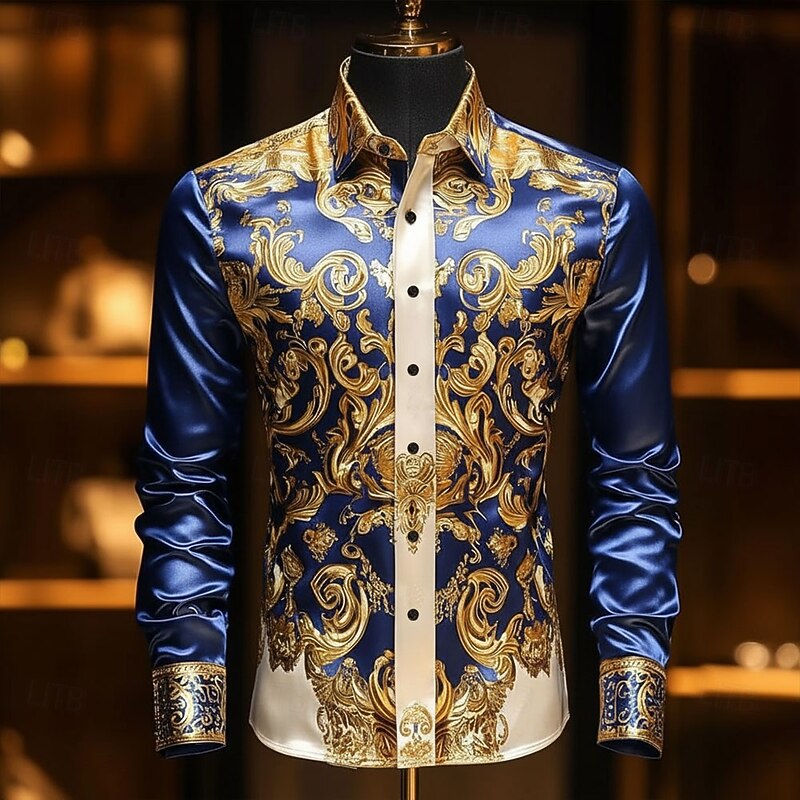 Men's Floral Print Ethnic Baroque Shirt Satin Shirt Dress Shirt Long Sleeve Vintage Retro Vacation Dailywear Summer Spring Fall Turndown 3D Print Button Up Shirts Black Burgundy Dark Blue