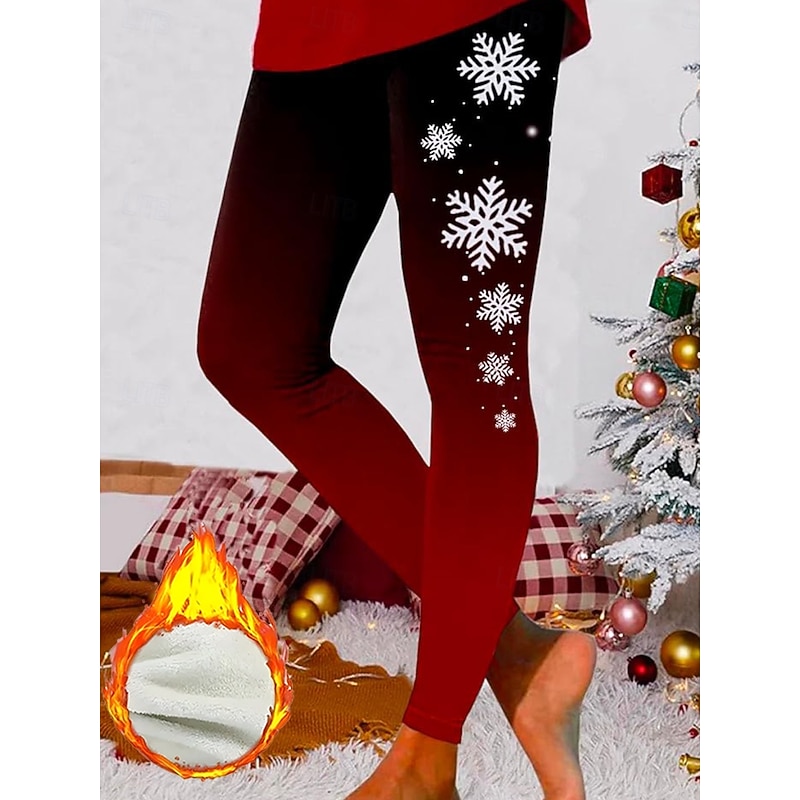 Christmas Women's Leggings Cozy Leggings Vacation Vintage Fashion Full Length High Waist Pants Graphic Snowflake Printing Fleece Thermal Warm Comfy Stretchy Outdoor Vacation Street Black Pink Red