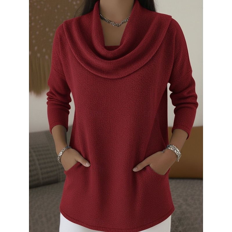 Women's Blouse Solid Color Stylish Casual Long Sleeve Cowl Neck Regular Tops Daily Ruched Pocket Red Blue Brown Spring Fall Winter3
