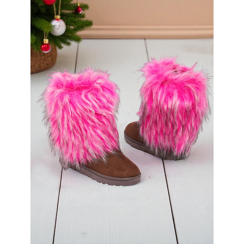 Women's Brown Suede Boots with Fluffy Rose Pink Faux Fur Trim, Cozy Mid-Calf Winter Shoes, Stylish Party & Streetwear Footwear for Fashion-Forward Women3