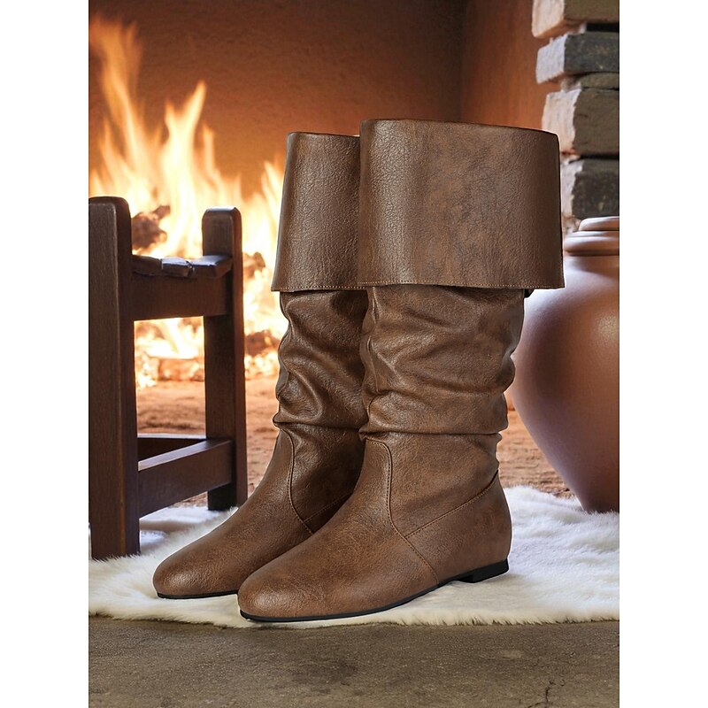 Women's Brown Faux Leather Medieval Viking Fold-Over Knee-High Boots, Vintage Renaissance Flat Riding Shoes for LARP, Cosplay & Historical Festivals3