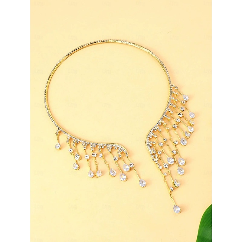 Women's Gold Rhinestone Statement Necklace, Elegant Crystal Drop Choker Jewelry for Evening Gala, Wedding & Party Outfits3