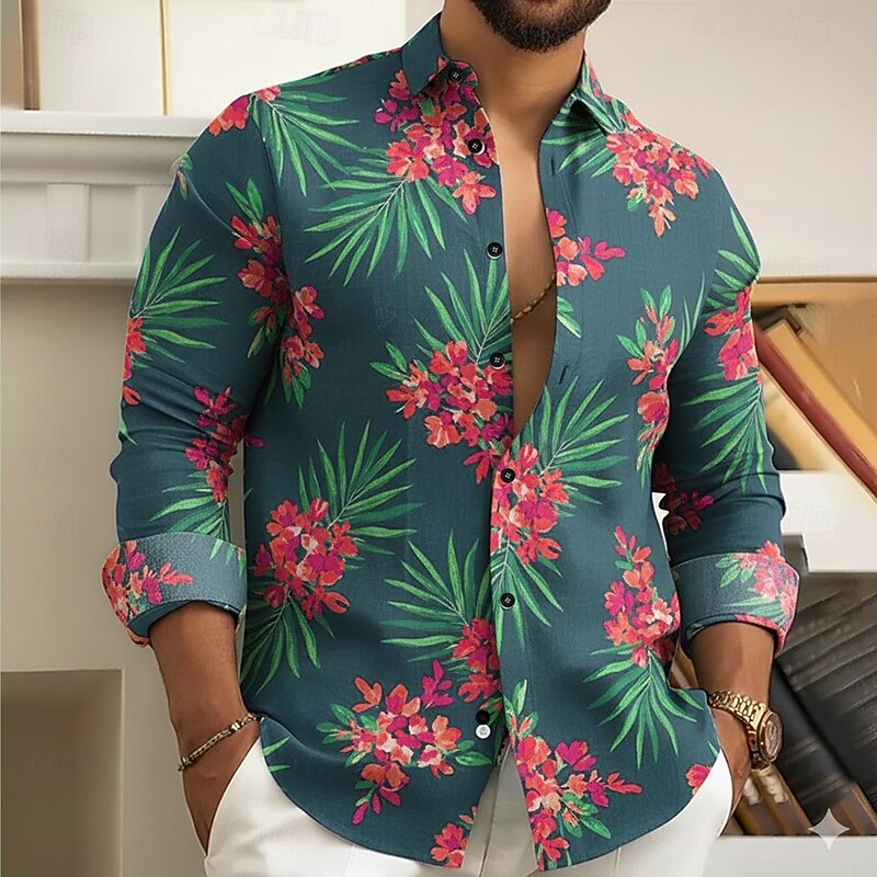 Men's Plants Palm Leaf Flowers Shirt Button Up Shirt Long Sleeve Fashion Casual Holiday Casual Daily Spring Fall Turndown 3D Print Collared Shirts Blue Green Dark Blue3