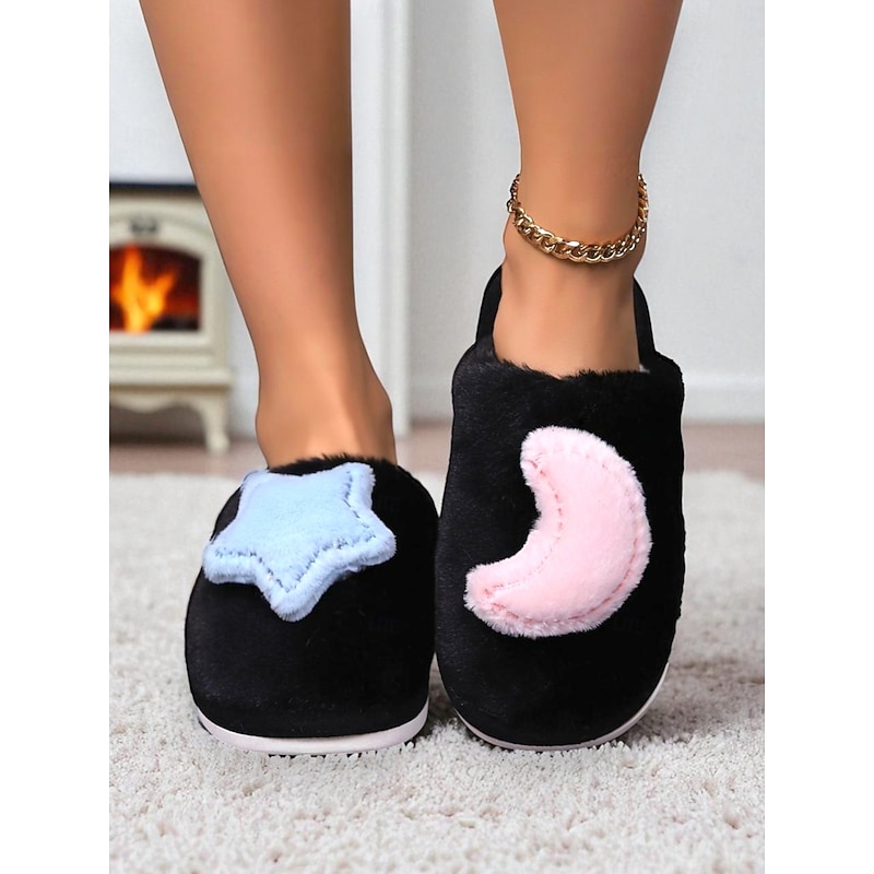 Women's White Plush Indoor Slippers with Star and MoonDecoration, Soft Warm Fleece Lining, Cute Cozy House Shoes for Winter Bedroom & Home Wear