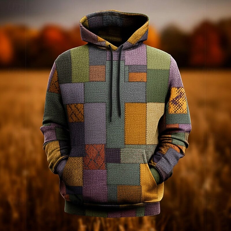 Men's Geometric Plaid Hoodie Sweatshirt Fashion Daily Crew Neck Home Party Streetwear Orange Brown Drawstring Fall Winter Designer3