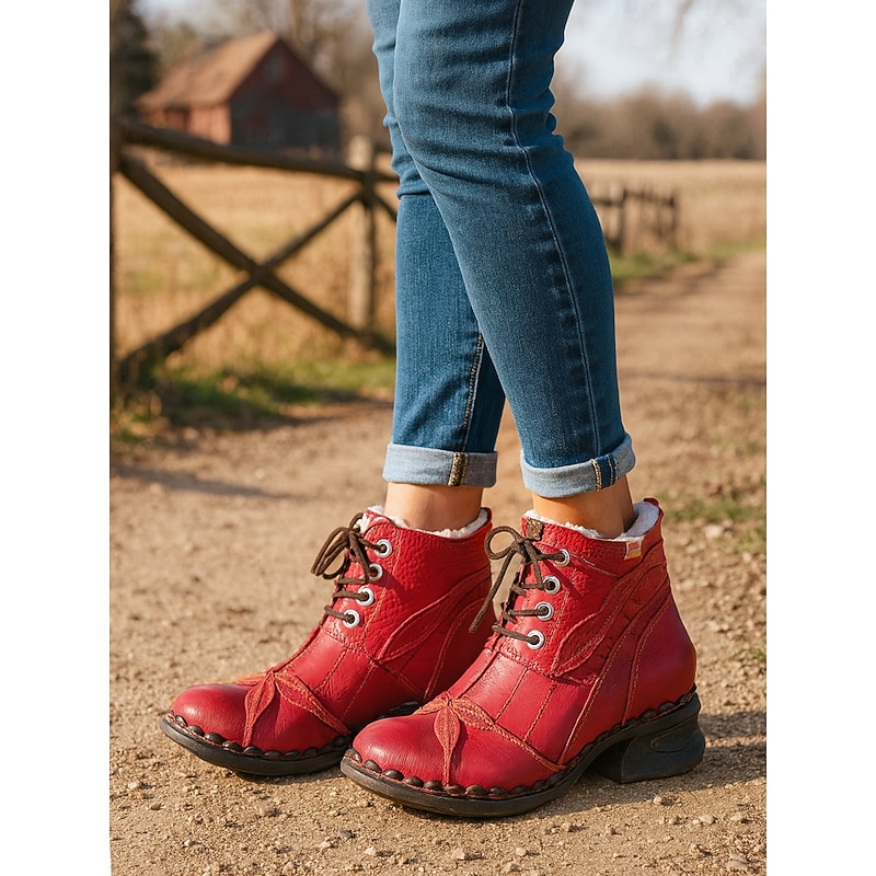 Women's Red Genuine Leather Lace-Up Ankle Boots with Unique Folded Toe Design, Warm Fleece Lining, Retro Casual Boots for Winter Outfits & Outdoor Wear2