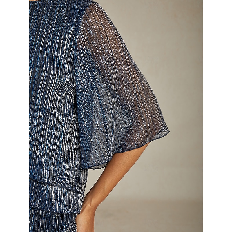 Women's Blouse Dressy Tops Flowy Tops Chiffon Tops Elegant Vintage Stylish 3/4 Length Sleeve Crew Neck Boat Neck Work Daily Date Night Outfits Sequins Pleated Patchwork Navy Blue Spring Fall3