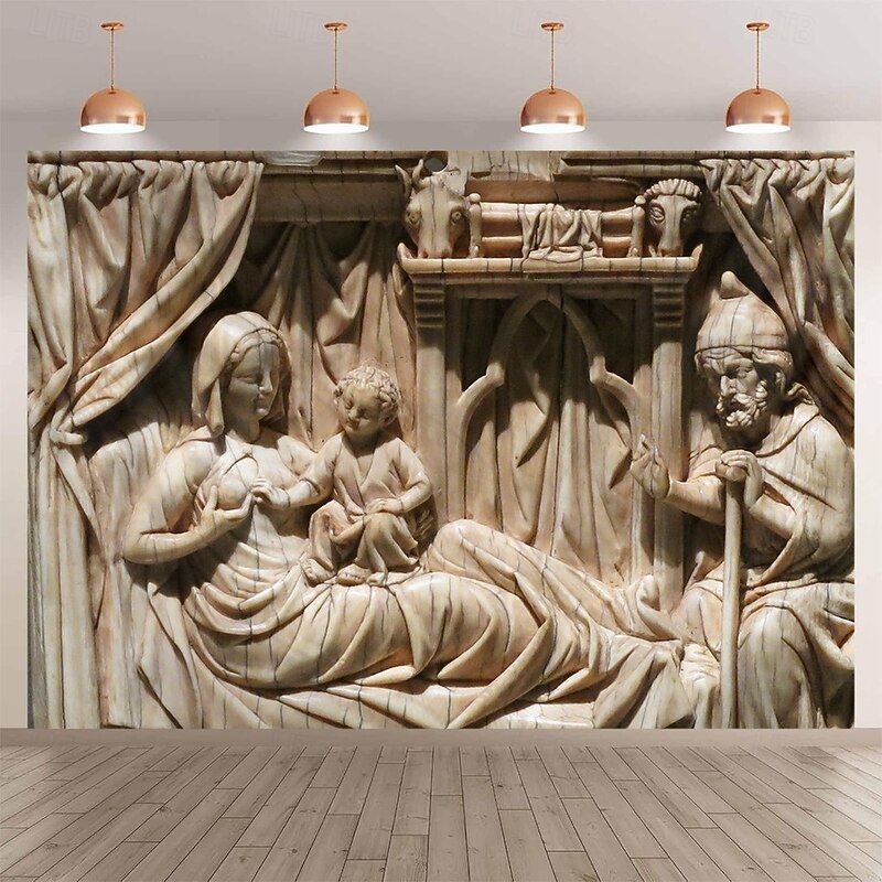 Christmas Hanging Tapestry Nativity Scene Medieval Carving Style Jesus Birth Large Wall Art Mural Decor Blanket Curtain Holiday Home Bedroom Living Room Religious Celebration Decoration