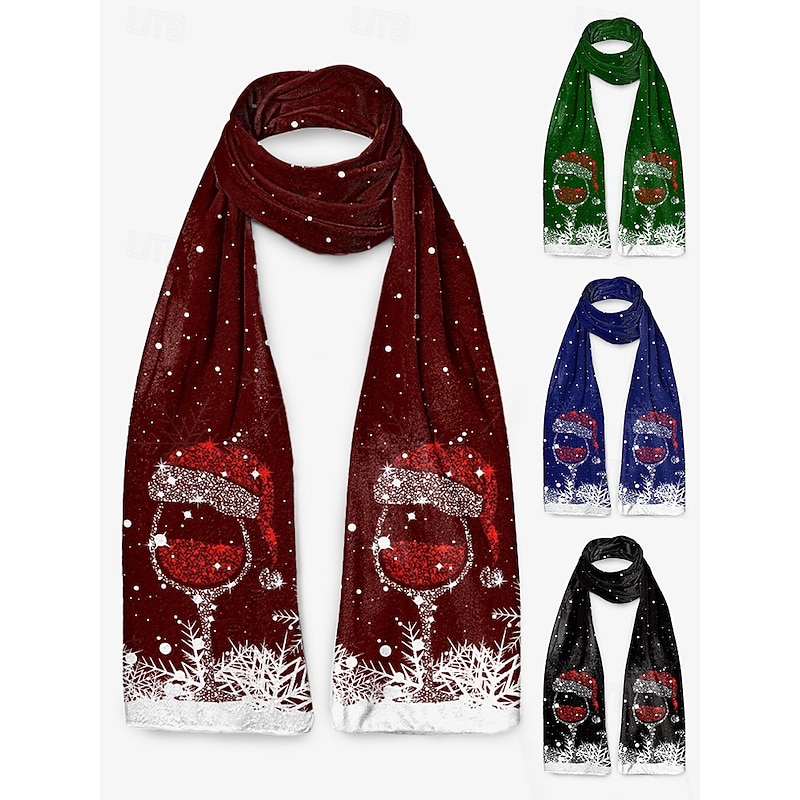 Women's Christmas Wine Glass Scarf, Soft Winter Shawl with Santa Hat Print, Cozy Holiday Neck Wrap for Festive Parties & Gifts, Multiple Colors4