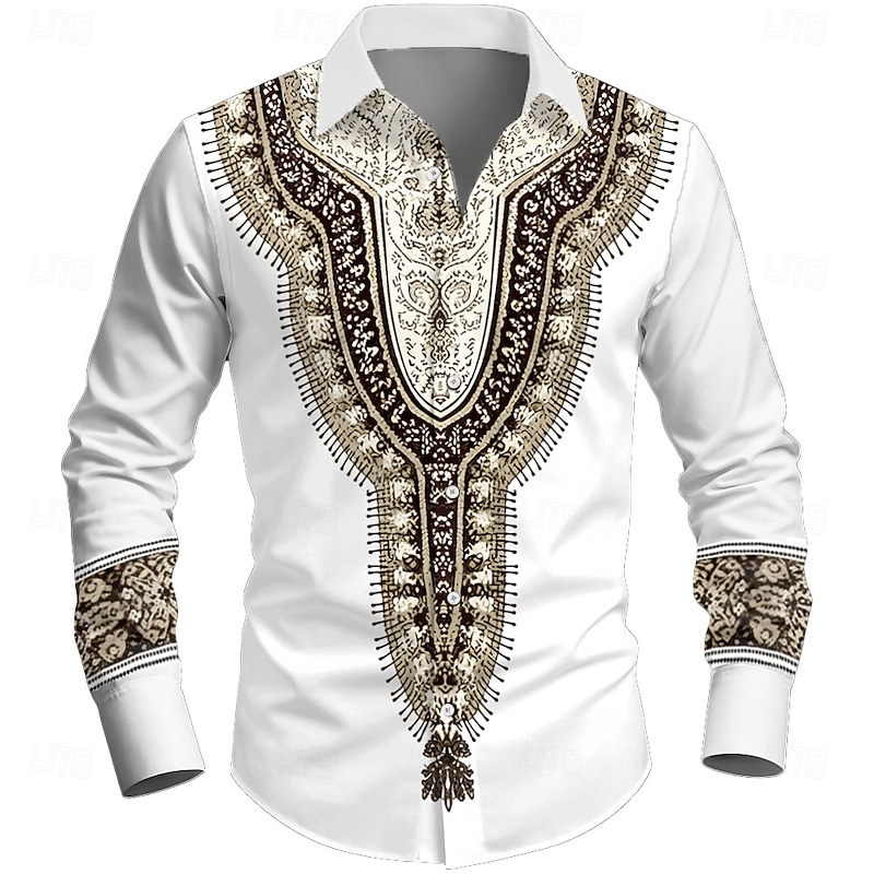 Men's Ethic / African Intricate Floral Flowers Shirt Button Up Shirt Long Sleeve Vintage Retro Holiday Casual Daily Spring Fall Turndown 3D Print Collared Shirts White blue Khaki / White