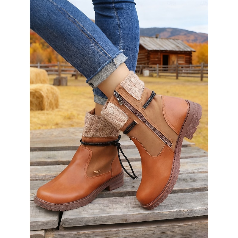 Women's Brown Faux Leather Ankle Boots with Knit Cuff and Side Zipper, Casual Warm Non-Slip Winter Booties for Outdoor & Everyday Wear