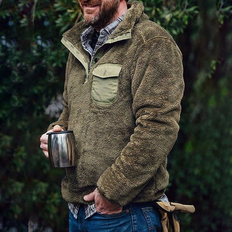 Men's Sweatshirt Polar Fleece Army Green Green Light Grey Light Green Standing Collar Color Block Patchwork Pocket Sports & Outdoor Daily Holiday Polyester Streetwear Basic Casual Fall & Winter - Main Image