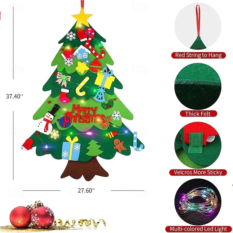 Felt Christmas Tree Set with Led String Light, 3.2ft Wall Hanging DIY Xmas Decorations Tree with Detachable Ornaments Snowman Christmas Decorations New Year Gift for Kids Boys and Girls Home2