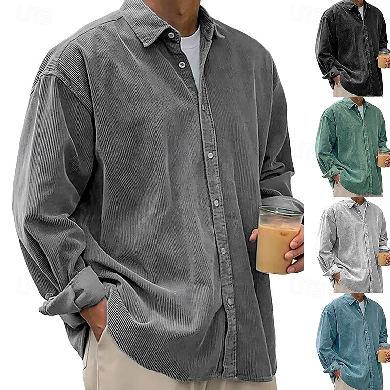 Men's Shirt Casual Shirt Corduroy Shirt Button Up Shirt Black White Navy Blue Blue Purple Long Sleeve Turndown Outdoor Street Clothing Apparel Vintage Casual - Main Image