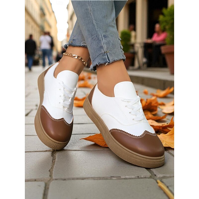 Women's Brown and White Oxford Style Casual Sneakers - Retro Lace-Up Comfortable Walking Shoes for Daily Wear, Travel & Outdoor Activities2