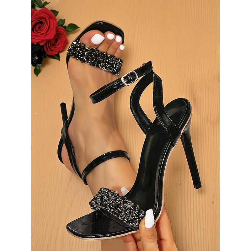 Women's Black Patent Leather Stiletto Sandals - Open Toe Ankle Strap High Heels with Rhinestone Detail for Nightlife Party & Clubwear2