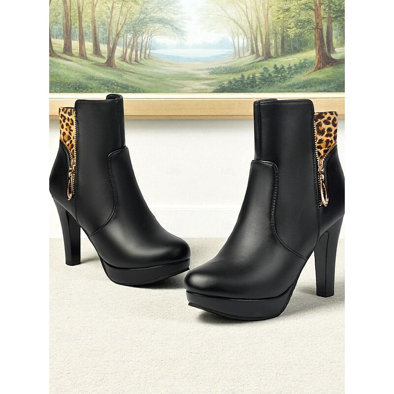Women's Black High Heel Ankle Boots with Leopard Print Cuff and Side Zipper, Elegant Platform Booties for Parties, Nightclub & Casual Chic Outfits3