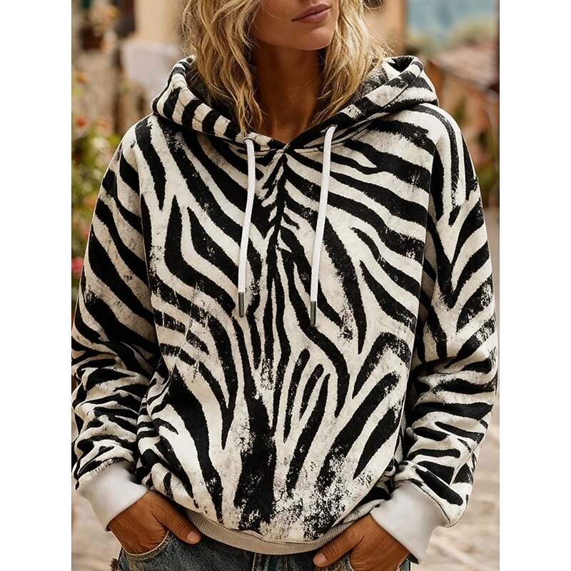 Women's Pullover Hoodies Striped Fashion Streetwear Casual Long Sleeve Hooded Regular Tops Dailywear Casual Drawstring Print Black Spring Fall
