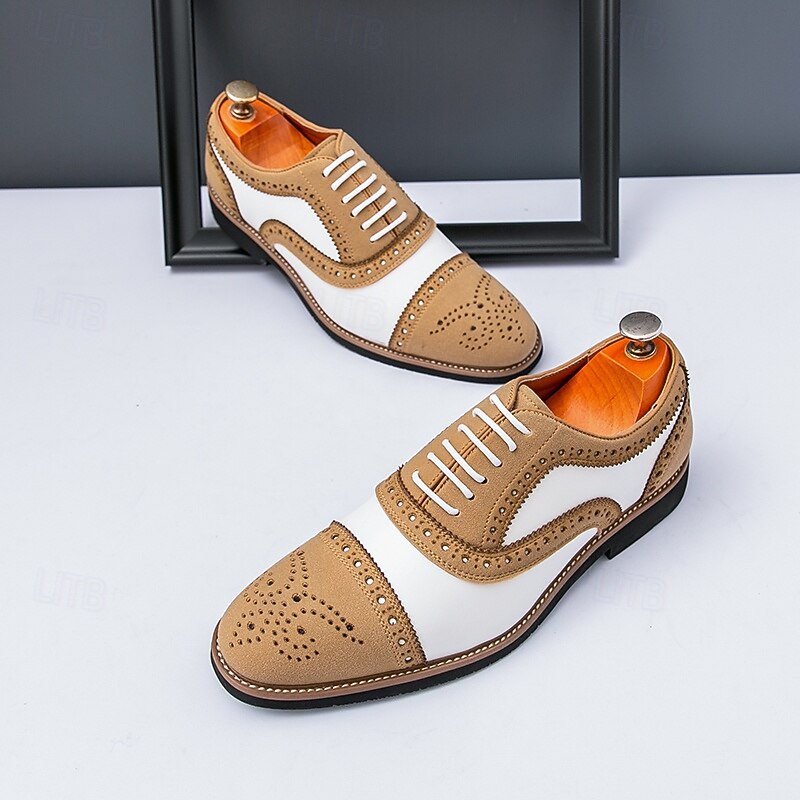 Men's Brown and White Brogue Oxford Shoes with Classic Perforated Design, British Style Leather Dress Shoes for Business, Weddings and Formal Events3
