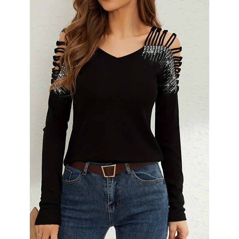 Women's Blouse Solid Color Stylish Casual Long Sleeve V Neck Regular Tops Daily Patchwork Eyelet Black White Red Green Spring Fall Winter