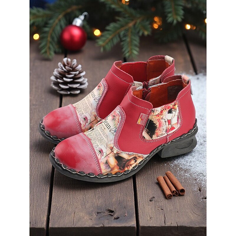 Women's Genuine Leather Red Handmade Ankle Boots with Artistic Print Patchwork, Comfortable Vintage Style Casual Chelsea Boots for Christmas, Winter Outfits & Holiday Gatherings