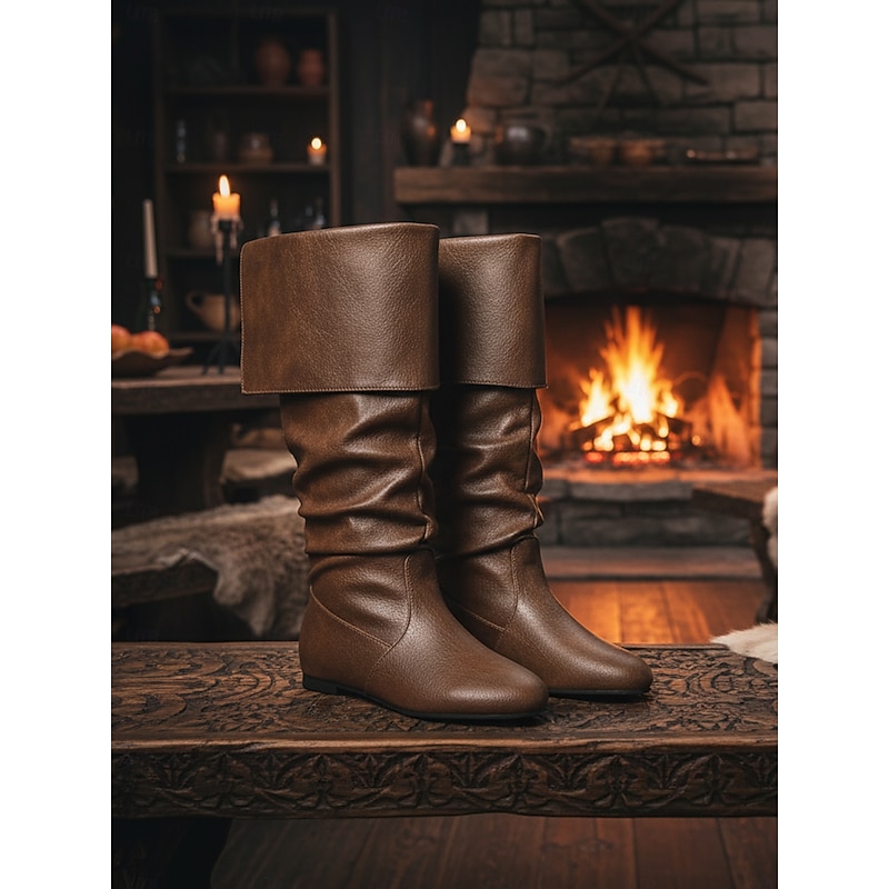 Women's Brown Faux Leather Medieval Viking Fold-Over Knee-High Boots, Vintage Renaissance Flat Riding Shoes for LARP, Cosplay & Historical Festivals