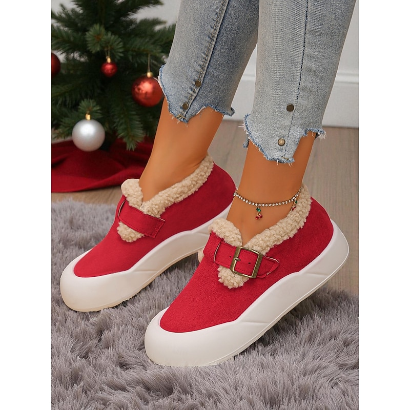 Women's RedFaux Suede  Wide Fit Slip-On Shoes with Warm Plush Lining and Buckle Detail, Cozy Winter Casual Footwear for Indoor & Outdoor Wear