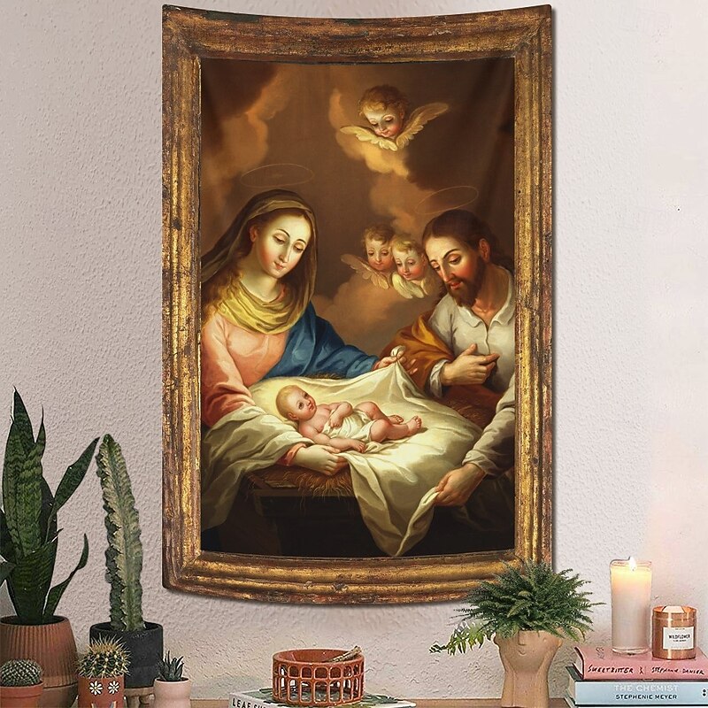 Christmas Hanging Tapestry Nativity Scene with Angel Messenger Oil Painting Style Jesus Birth Large Wall Art Mural Decor Blanket Curtain Holiday Home Bedroom Living Room Religious Celebration Decor2