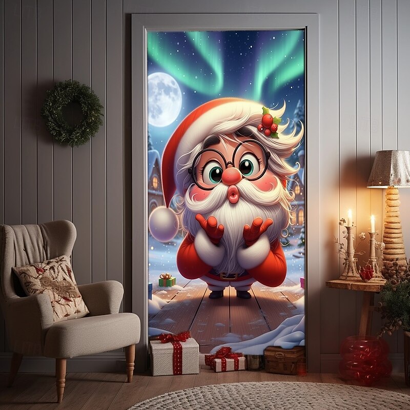 Christmas Door Cover Animated Style Holiday Decoration Drapes with Santa Claus Aurora Borealis and Snowflakes Print for Home Entryway Living Room Bedroom Indoor Outdoor Festive Seasonal Decor4