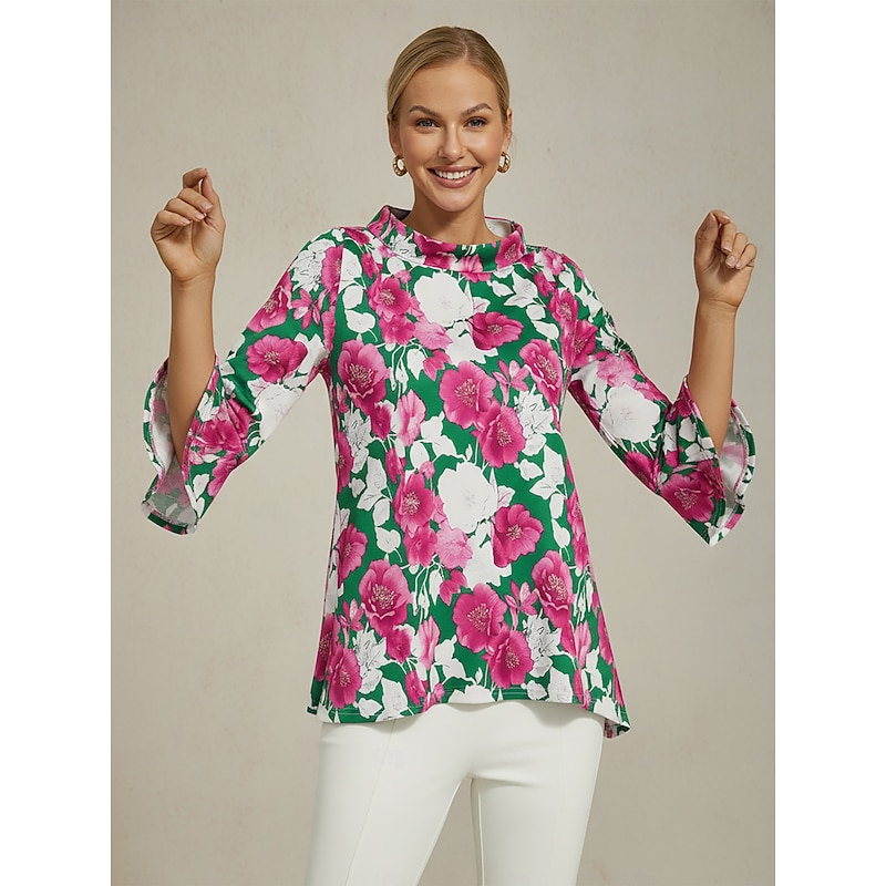 Women's Blouse Floral Pink Print Off Shoulder Patchwork 3/4 Sleeve Casual Elegant Spring Summer4