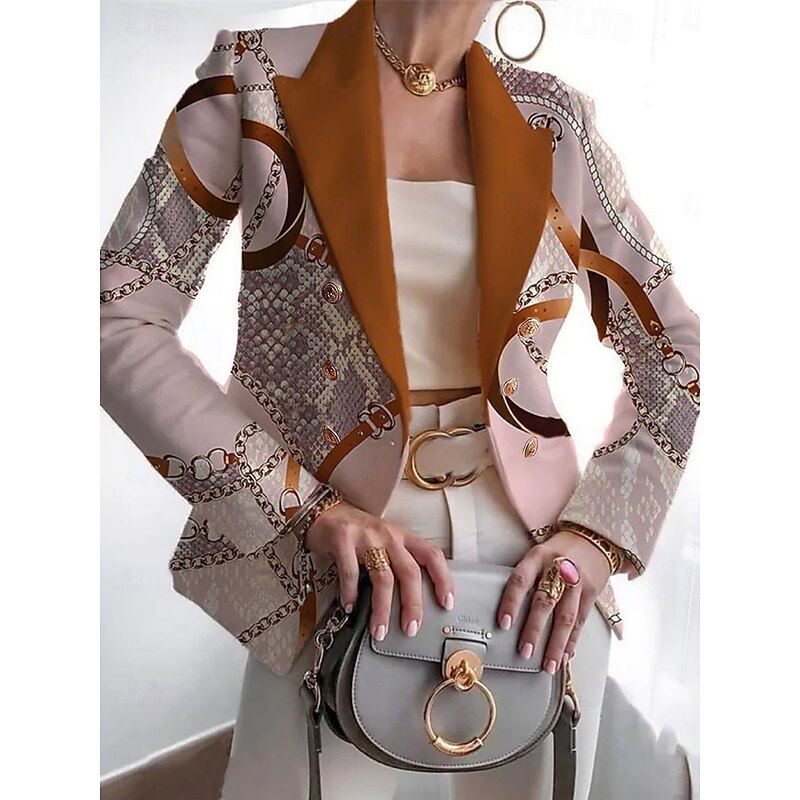 Women's Blazer Comfortable Breathable Print Casual Geometric Office Street Casual Daily Wear Open Front Regular Notch Lapel Regular Fit Long Sleeve Outerwear White Pink Blue Spring Fall4