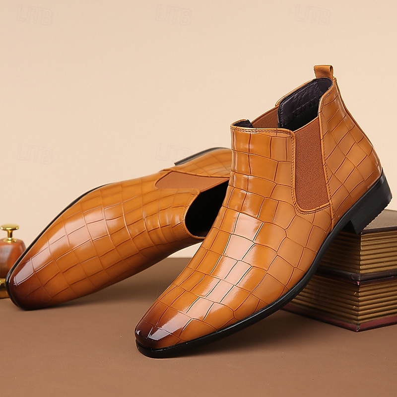 Men's Tan Genuine Faux Leather Chelsea Boots with Elastic Side Panels and Smooth Finish, Elegant Dress Ankle Boots for Business, Parties and Formal Occasions4