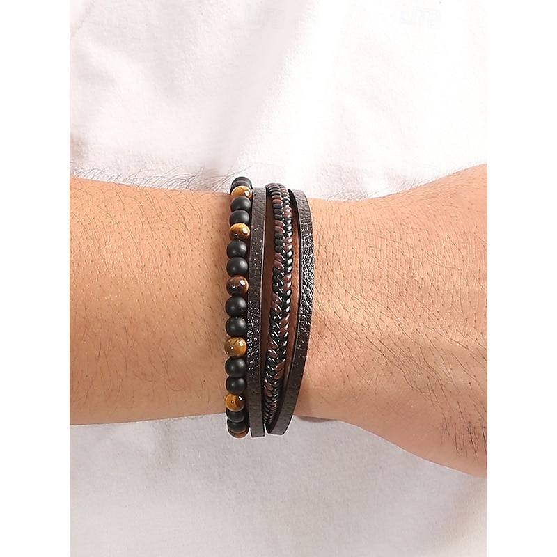 Men's Alloy Faux Leather Beaded Bracelet Set, Multi-Layer Braided Wristband with Magnetic Clasp, Fashion Punk Jewelry for Casual, Party & Gift2