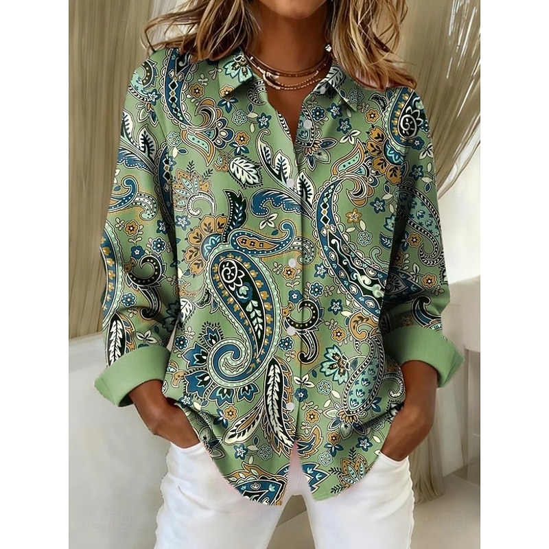 Women's Shirt Blouse Graphic Geometric Paisley Bohemia Vintage Tropical Long Sleeve Shirt Collar Regular Tops Daily Patchwork Buttons Print Orange Green Khaki Spring Fall Winter