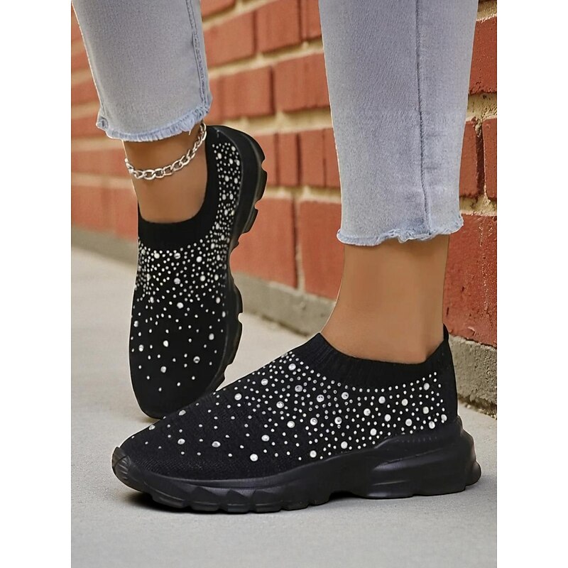 Women's Sneakers Flyknit Shoes Christmas Daily Rhinestone Flat Heel Round Toe Casual Comfort Walking City Running Tissage Volant Loafer Black White Pink4