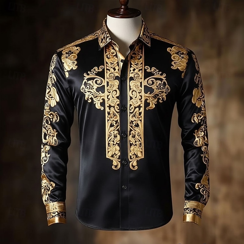 Men's Floral Print Ethnic Baroque Shirt Satin Shirt Dress Shirt Long Sleeve Vintage Retro Vacation Dailywear Summer Spring Fall Turndown 3D Print Button Up Shirts Black Wine Dark Blue2