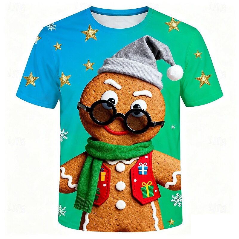 Christmas Men's Gingerbread T Shirt Short Sleeve T shirt 3D Print Crew Neck Shirt Daily Designer Artistic Vacation Party Street Yellow Blue Orange All Seasons Clothing Apparel S M L XL XXL XXXL3