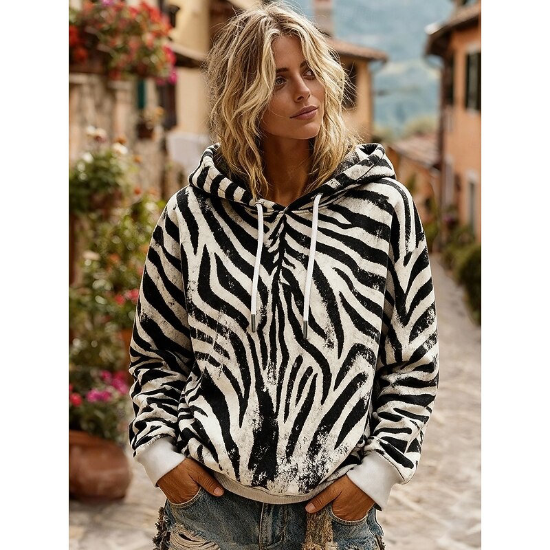 Women's Pullover Hoodies Striped Fashion Streetwear Casual Long Sleeve Hooded Regular Tops Dailywear Casual Drawstring Print Black Spring Fall3