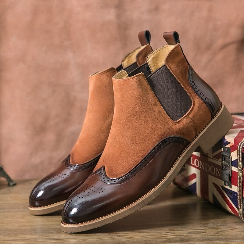Men's Brown and Black Chelsea Boots with Brogue Detailing, Genuine Faux Leather Slip-On Ankle Boots for Business, Weddings and Smart Casual Wear2