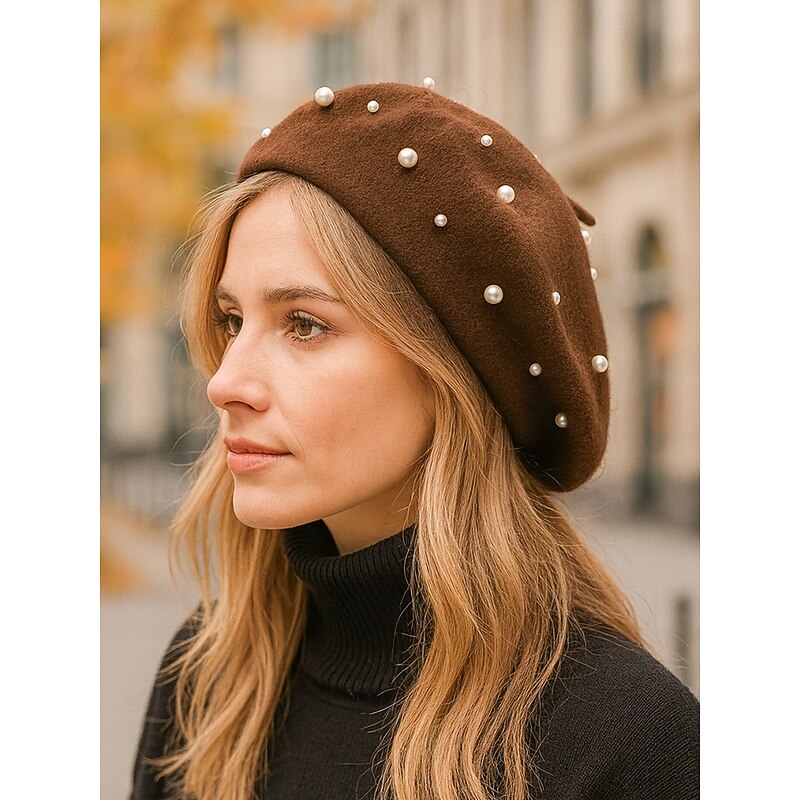 Women's Christmas Faux Cashmere Beret Hat, Elegant Pearl Embellished Winter Hat, Soft Warm French Style Cap for Holiday, Party and Daily Wear, Multi-Color Options2
