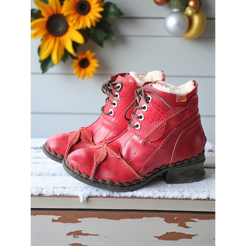 Women's Red Genuine Leather Lace-Up Ankle Boots with Unique Folded Toe Design, Warm Fleece Lining, Retro Casual Boots for Winter Outfits & Outdoor Wear