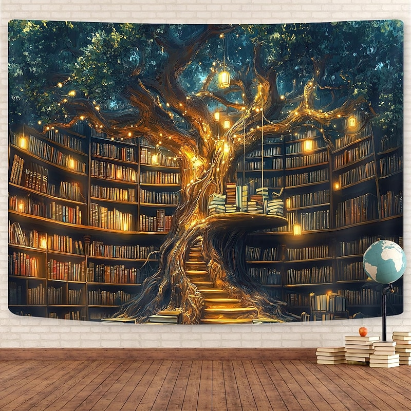 Tree of Life Hanging Tapestry Glowing Tree Bookshelf Warm Light Large Wall Art Mural Decor Blanket Curtain Home Bedroom Living Room Reading Nook Decoration3