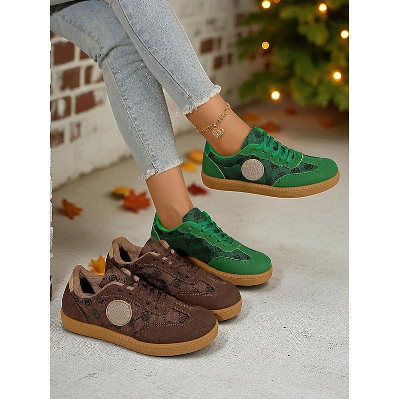 Women's Green Lace-Up Casual Sneakers with Printed Pattern and Gum Sole, Comfortable Fashion Sports Shoes for Christmas, Daily Wear & Street Style2