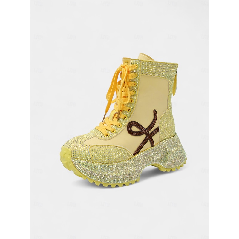 Women's Yellow Rhinestone Platform Boots - Lace-Up Glitter Chunky Heel Ankle Boots for Nightlife Party & Clubwear3